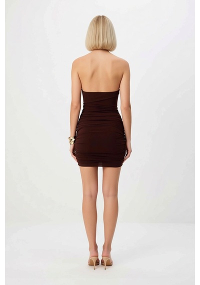 Benerly Kadın Kolsuz Degaje Yaka Bodycon Mini Elbise Ruching Detaylı Örme Kahverengi