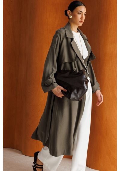 Hakı Mizalle Oversize Haki Tencel Trençkot