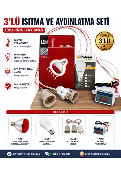 3 Lü Set Infrared Isıtıcı Lamba 250w + Led Ampul + Dijital Termostat Civciv Kuzu Kümes Isıtma