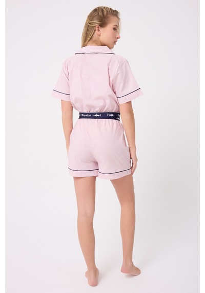 Lespadon Marısılk Seastrıpe Kadın Yazlık Şortlu Crop Gömlekli Pijama & Lounge Takımı -3194 Pudra