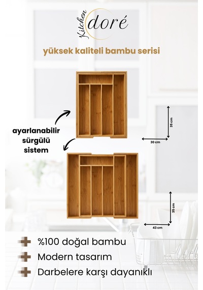 Bambu Kaşıklık Bölmeli Ayarlanabilir Çekmece İçi Kaşıklık Çatallık Ekru
