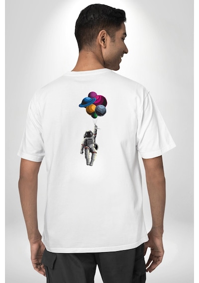 Gezegenler Balon Astronot Yükselişi Beyaz Oversize Unisex Ön Ve Sırt Baskılı Tişört Beyaz