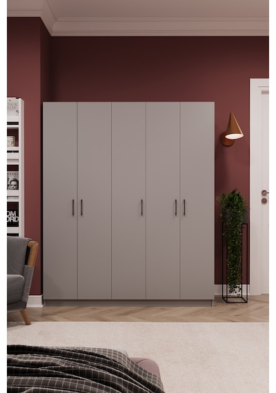 Asra Trend 5 Kapaklı Gardırop G-09 %100 MDF Çift Katlı Askılı Elbise Dolabı Kül Gri
