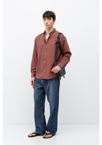 Vamos Çizgili Lyocell Kumaş Oversize Gömlek Bordo