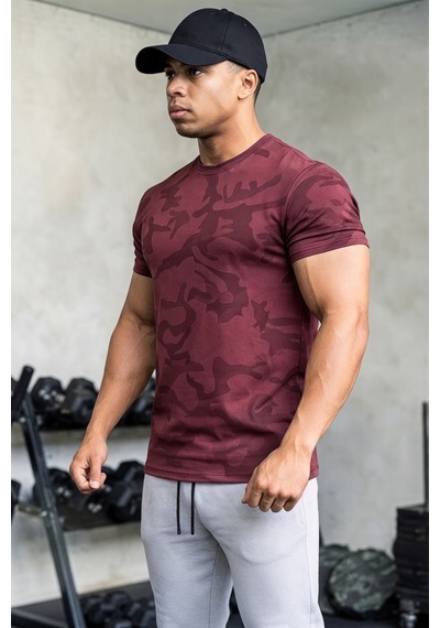 Serablanka Erkek Nem Emici Hızlı Kuruma Atletik Teknik Kamuflaj Desenli Spor T-shirt Bordo