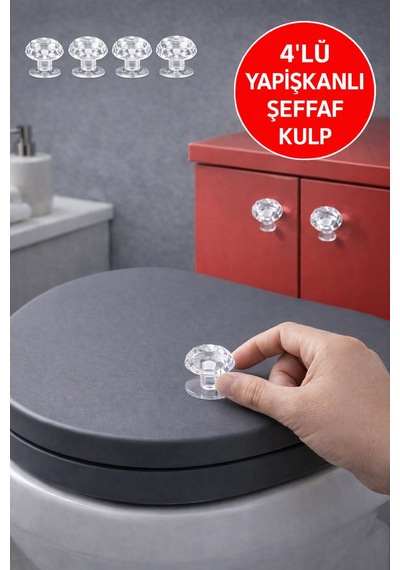 4'lü - 2026 Şeffaf Kristal Kulp Yapışkanlı Mini Kapı Kulpu, Tuvalet Kapağı & Dolap Çekmece Kulbu Diğer