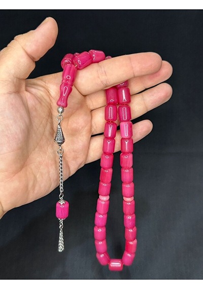 Sıkma Kehribar Tesbih Büyük Boy Pembe Renk 14mm X 11mm T-518