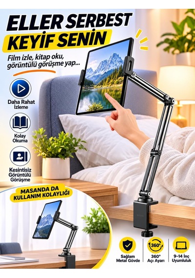 Tr 360 Döner Başlıklı Katlanabilir Ayarlanabilir Masa Kenarı Bağlantılı Metal Kollu Telefon Ve Tablet Tutucu S Genel
