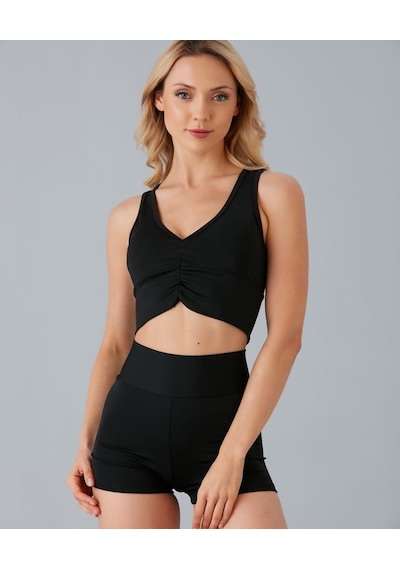 Aurafit Kadın Önü Büzgülü Arkası Çapraz Kaplı Croptop/büstiyer Siyah