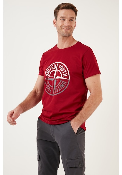 Buratti Baskılı Bisiklet Yaka Pamuklu Slim Fit Erkek T Shirt 541Pusula Kırmızı