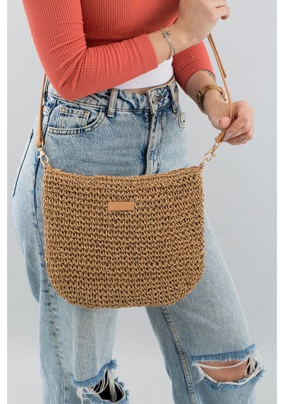 Portföy Clutch Fermuarlı Astırlı Cepli Ayarlanabilir Deri Askılı İthal Örgü Hasır Yazlık Tatil Çanta Camel