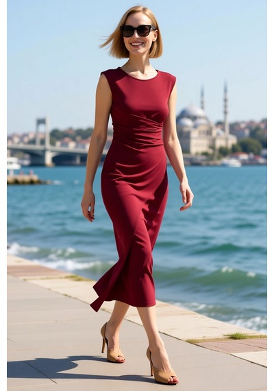 Benerly Kadın Kolsuz Bisiklet Yaka A-line Midi Elbise Büzgülü Detaylı Ast Bordo Benerly Kadın Kolsuz Bisiklet Yaka A-line Midi Elbise Büzgülü Detaylı Ast Bordo