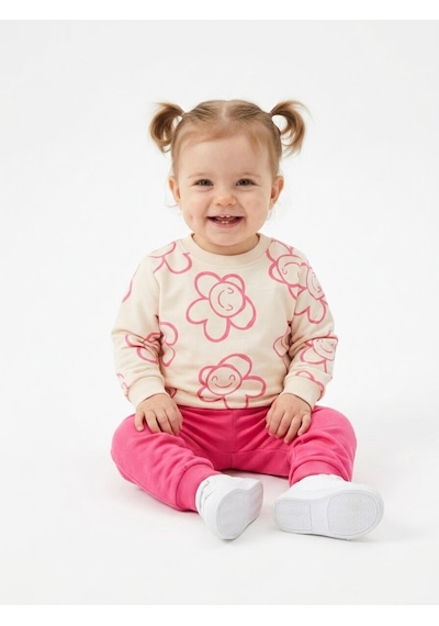 HelloBaby Pamuklu Çiçek Detaylı 2li Kız Bebek Takım Fuşya