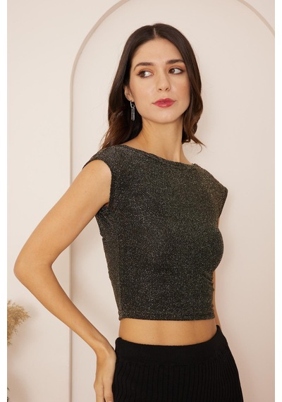 Darlin Moda Kadın Siyah Gold Simli Sırt Dekolteli Crop Bluz Dm8001 Siyah