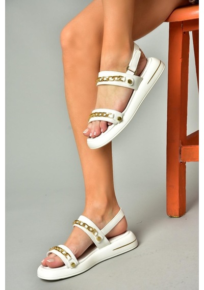Fox Shoes S518105609 Beyaz Gold Zincir Detaylı Kadın Sandalet Beyaz