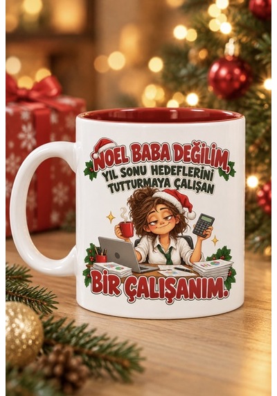 Mesela Yılbaşı Kupası Noel Baba Değilim Desenli Kırmızı İçli Hediyelik Kahve Kupa Bardak Beyaz