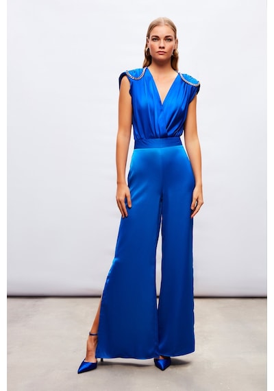 Sateen Yırtmaç Detaylı Saten Pantolon - Saks Mavisi