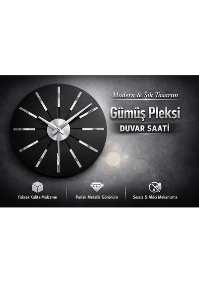 Dekoratif Ahşap Duvar Saati Ahşap Siyah Üzeri Ceviz Mobilya Renk Desenli Hediyelik Sessiz Duvar Saati 45 Cm Siyah Gümüş
