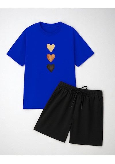Uyguntarz Unisex 3 Kalp Baskılı Tasarım Şort Takım Mavi