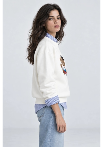 Mevese Kadın Peluş Dokulu Nakış Detaylı Salaş Sweatshirt- Beyaz