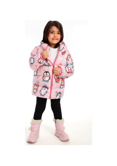 Kız Çocuk Polarlı Kapüşonlu Penguen Şeker Desenli Kışlık Şişme Mont & Kaban & Parka-40 Pembe