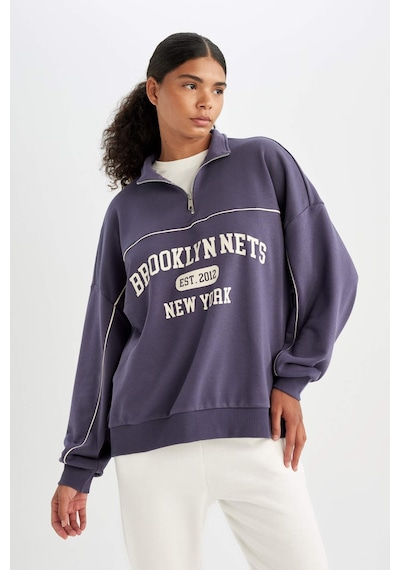 DeFactoFit NBA Brooklyn Nets Oversize Geniş Kalıp Yarım Fermuarlı Dik Yaka Sweatshirt C8246AX24AUPR493