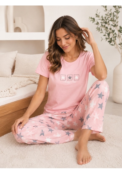 Wordex Mirano 4102 Yıldız Desenli Kısa Kollu Pamuklu Kadın Pijama Takımı Pembe