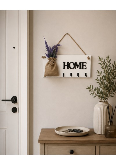 Lavanta Çiçekli Home Yazılı Anahtarlık Beyaz