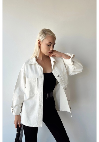 Ekru Çift Cepli Yıkamalı Denim Gömlek Ceket Bcdf-235403 Çok Renkli