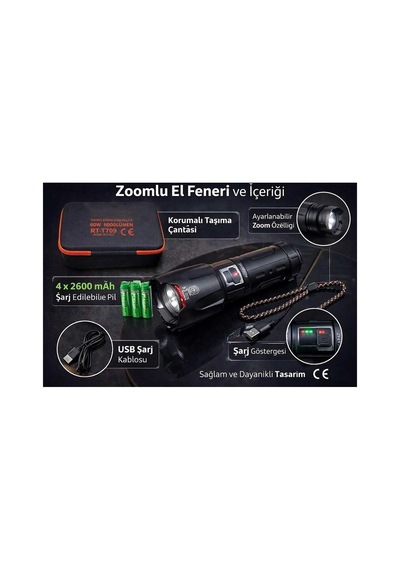 6000 Lümen 60w Şarjlı El Feneri - 2 Km Menzilli 10400 Mah Powerbank 4 Pilli Metal Fener Rt-t709 Çok Renkli