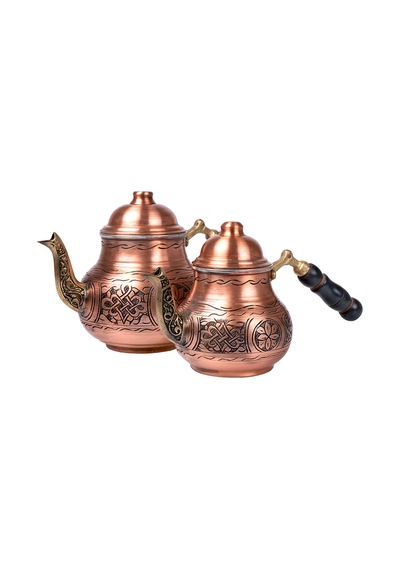 Dmt Gaziantep Bakır Çaydanlık Takımı Ağır İşlemeli Alt:12 Cm Üst:9cm Toplam:1,5lt Ahşap Kulp Bakır