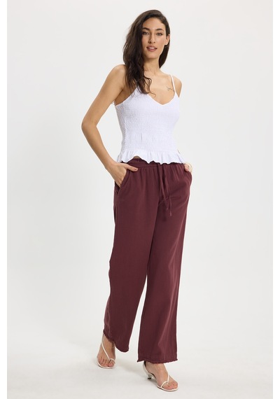 Tudors Kadın Relax Fit Rahat Kesim %100 Pamuk Beli Bağcıklı Lastikli Çift Cepli Mürdüm Pantolon-50602