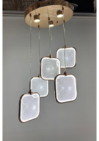 Modern Gold Çerçeveli Özel Dokulu Akrilik 5'li Led Sarkıt Avize Gold 1