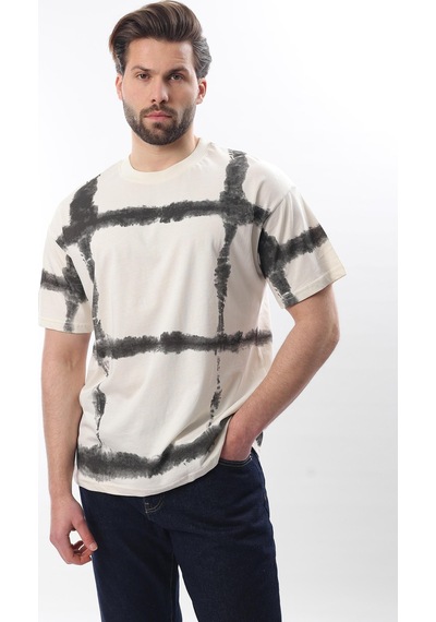 Madmext Ekru Bisiklet Yaka Baskılı Basic Erkek T-shirt E7109 Ekru
