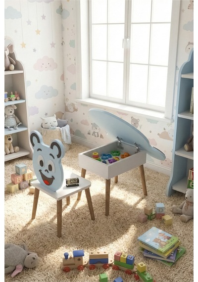 Çocuk Masası & Çocuk Sandalyesi Happy Face Sevimli Figürlü Set Mavi