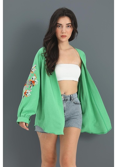 Kimono Reglan Kol Nakışlı Keten - Yeşil Çok Renkli