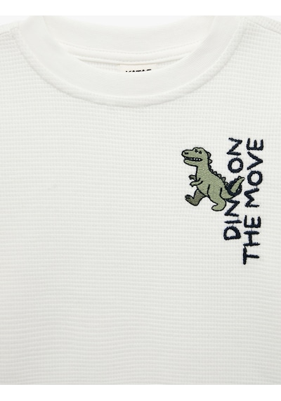 Koton Pamuklu Uzun Kollu Bisiklet Yaka Dinozor Nakışlı Oversize Tişört Ekru 7wmb10037tk