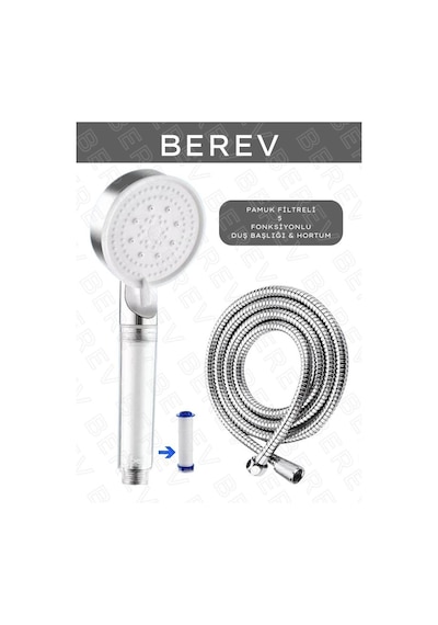 Berev  Filtreli 5 Fonksiyonlu Krom Yüksek Basınçlı Ayarlanabilir Duş Başlığı 150 Cm Hortum Krom