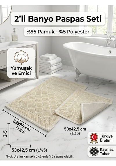 İkili Banyo Paspası Pamuklu Kaymaz Taban Dikdörtgen Banyo Paspas Kilim Set Krem