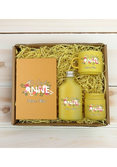 Bk Gift Kişiye Özel İsimli Dtf Anne Temalı Sarı Defter & Kahve Fincanı & Kolonya & Mum Hediye Seti-1, Anneye Hediye, Anneler Günü Hediyesi Kobitmeyenc