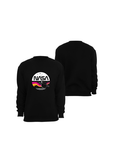 Nasa - Uzay - Astronot Baskılı Unisex %100 Pamuk Siyah Bisiklet Yaka Sweatshirt Siyah
