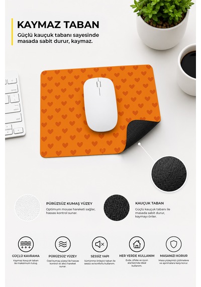 Turuncu Renkli Kalpli Desenli Ergonomik Mouse Pad, Kaymaz Yüzey İle Ev Ve Ofis Kullanımı İçin İdeal