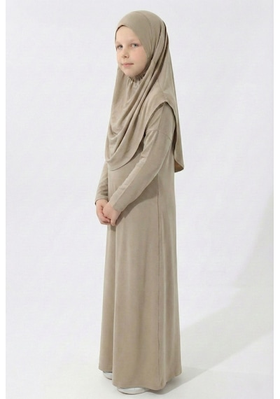 Mnk Baby & Kids Pratik Başörtülü Kız Çocuk Namaz Elbisesi M00789 Kahverengi