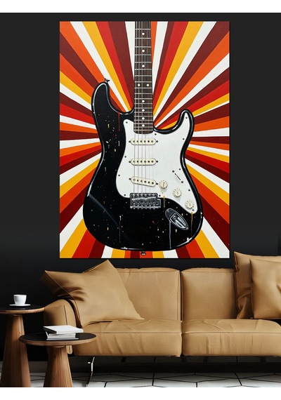 Ahşap Tablo Retro Fonlu Elektro Gitar