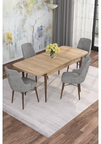 Mona Meşe 80x132 Açılabilir Mdf Masa Yemek Odası Takımı, Mutfak Takımı 4 Adet Sandalye Meşe Masa - 4 Gri - Ceviz Ayak Mona Meşe 80x132 Açılabilir Mdf Masa Yemek Odası Takımı, Mutfak Takımı 4 Adet Sandalye Meşe Masa - 4 Gri - Ceviz Ayak