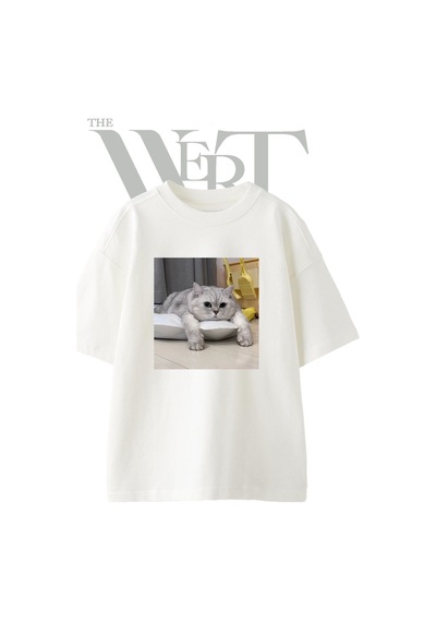 Thewert Silver British Shorthair Tasarım Baskılı Ünisex Beyaz Oversize T-shirt