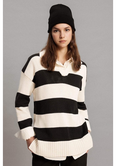 DeFacto Regular Fit Polo Yaka Çizgili Triko Kazak Tunik B8370AX24SPER133 Ekru