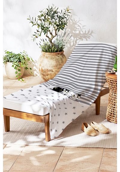 Kedi Figürlü Çizgili Çocuk Plaj Havlusu - Gri Beyaz Yıldızlı Modern Hızlı Kuruyan Mikrofiber Havlu Serin Melon