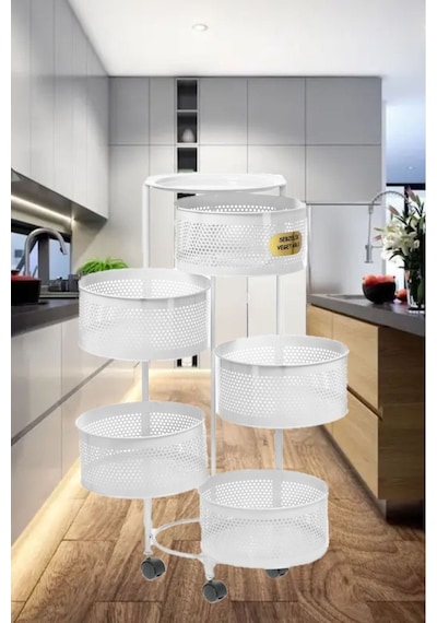River World Tekerlekli Rengi Beyaz Açılabilen 5 Katlı Çok Amaçlı Metal Raf Mutfak, Balkon, Kiler Çok Renkli
