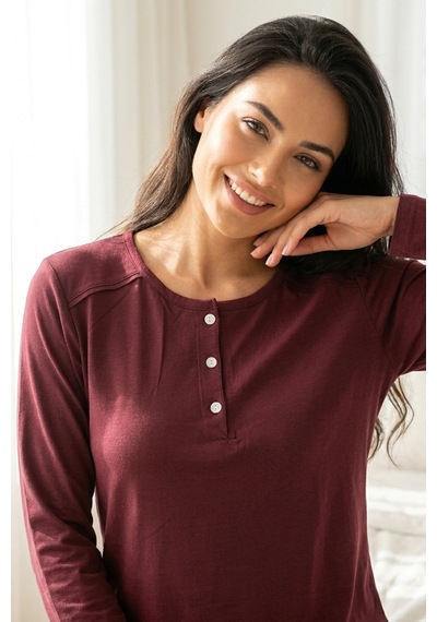 Aura Collections Kadın Pamuklu Uzun Kollu Üç Düğmeli Biyeli Soft Örme Pijama Takımı Bordo